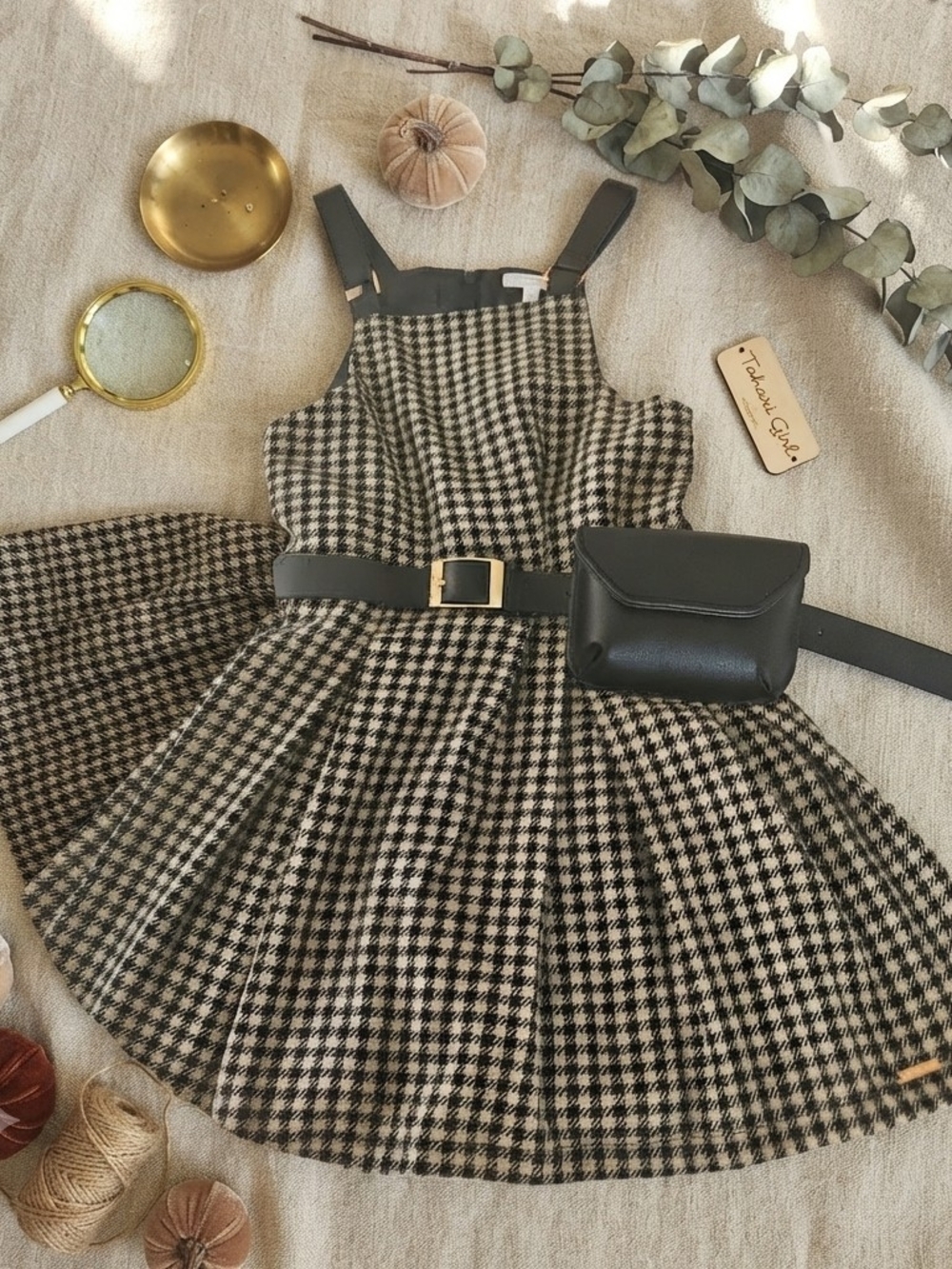 Tahari Girl Houndstooth Pinafore Dress Size 6 Belted with Mini Bag Black Tan